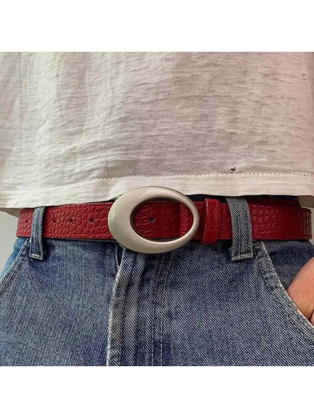 Y2k 2000s style Silver opal belt buckle with Red crocodile style leather. 39
